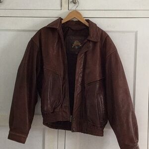 Brown leather bomber jacket